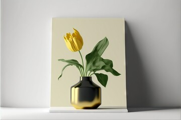 a painting of a vase with a yellow flower in it on a shelf next to a white wall and a white wall. Generative AI