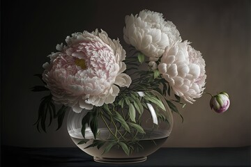 a vase with flowers in it on a table top with a dark background and a white flower in the center.