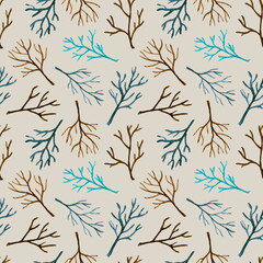 Seamless pattern of simple hand drawn watercolor blue and brown branches isolated on a beige background. For winter textile design.