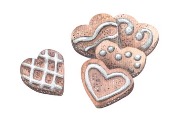 Watercolor illustration isolated on a white blackground. Traditional homemade cookies in the form of a heart with white icing.