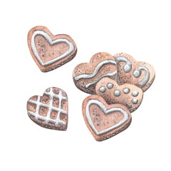 Hand drawn watercolor illustration isolated on a white blackground. Traditional homemade cookies in the form of a heart with white icing.