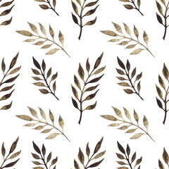 Seamless pattern of hand drawn watercolor exotic leaves. Brown tropical plants on a white background.