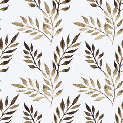 Seamless pattern of hand drawn watercolor exotic leaves. Brown tropical plants on a white background.