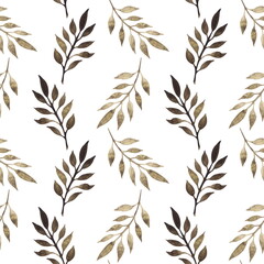 Vertical seamless pattern of hand drawn watercolor exotic leaves. Border of brown tropical plants on a white background. For textile and wallpaper design.
