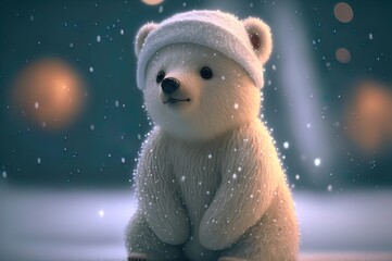 Obraz na płótnie Canvas A super cute white baby bear, wearing a hat, snowing background. Generative AI.