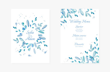 Wedding Invitation cards blue Watercolor style collection design, invitation and menu template.
