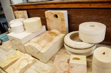 Authentic porcelain production in the Meissen Porcelain Manufacture - plaster forms of various...