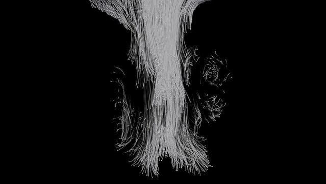 Thick stream of threads from top monochrome on black background with Alpha Channel. Combustion Physics. Graphical representation of physical phenomena. Physics of Motion and Interaction. 3D animation