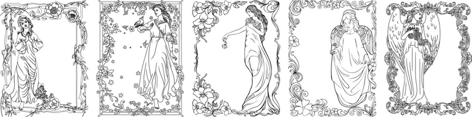 Frame with angels. Retro ornamental frame, vintage rectangle ornaments and ornate border. Decorative wedding frames, antique museum picture borders or deco devider. Isolated icons vector set. 
