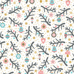 Christmas theme pattern with vintage toys and christmas tree branches. Vector illustrartion.
