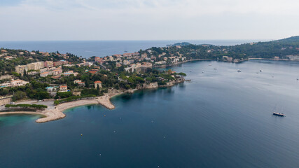 Fototapeta na wymiar Villefranche, small town in france, French Riviera, Drone view on coast and town