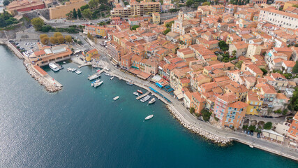 Villefranche, small town in france, French Riviera, Drone view on coast and town