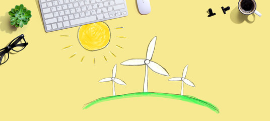 Windmills theme with a computer keyboard and a mouse