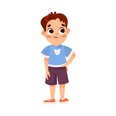 Funny Little Boy in Blue Sweatshirt Expressing Emotion Standing and Smiling Vector Illustration