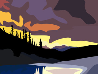 Evening landscape with a silhouette of a forest and a sunset with a lake.