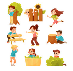 Little Boy and Girl Playing Hide and Seek Game and Having Fun Vector Set