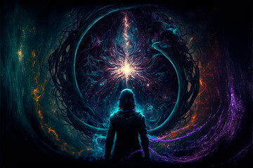 Man is standing in front of the portal Surreal Fantasy Abstract  Cosmos Void Background Illustration