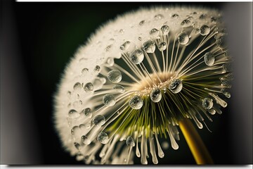 a dandelion with water droplets on it's petals and a black background with a white border.
