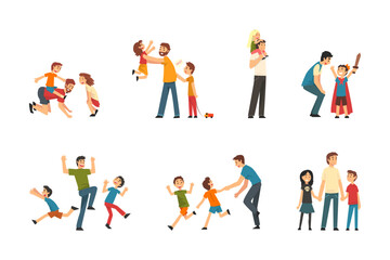 Fototapeta na wymiar Happy Father Playing and Having Fun with His Kids Vector Set