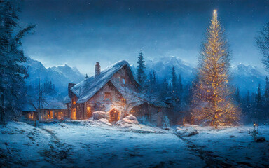 Winter Village Landscape. Christmas Card. Digital art