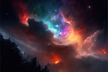 Fototapeta premium a colorful sky with clouds and stars in it and a star in the sky above it and a mountain.