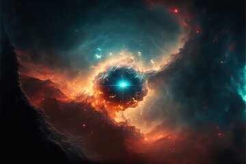 a space scene with a blue and red object in the center of the image and a black hole in the center.