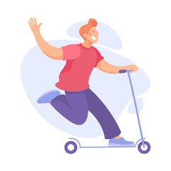 Happy Man Riding Scooter Engaged in Active Motion Vector Illustration