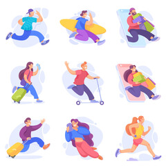 Happy People Characters Engaged in Active Motion Vector Illustration Set
