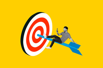 3d artwork collage photo of young influencer blogger man hold smartphone take selfie sit arrow goal target aim isolated on yellow background