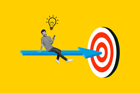 Creative artwork photo collage of young funky excited guy hold smartphone genius idea goal solution arrow target isolated on yellow color background