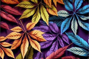 a painting of colorful leaves on a purple background with a black background and a white border with a black border.