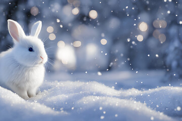 A white realistic rabbit in the snow. Generative Ai.