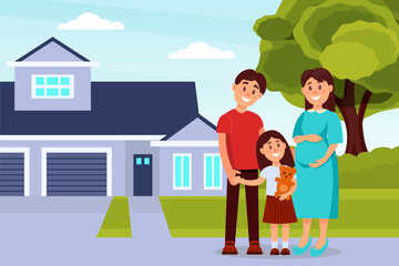 Obraz premium Happy family couple with daughter standing together in front of their house outside. Young family bought new house cartoon