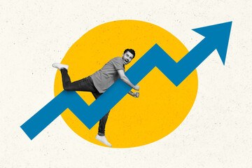 Photo collage of young funny excited man hold big blue arrow graphics growing support ukrainian economics isolated on white color background