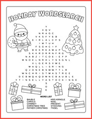 Holiday word search puzzle, Christmas word puzzle. Christmas activity. Fun activities for kids.