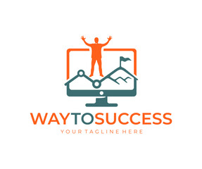 Businessman with joyful raised hands up, monitor, chart and mountain with flag, logo design. Business and finance, way to success, trade and management, vector design and illustration