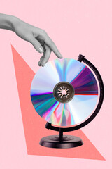 Artwork magazine collage picture of arm touching retro vintage cd disk instead of planet globe isolated drawing background