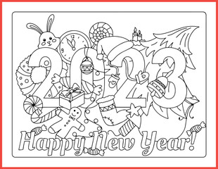 2023 Coloring Page vector illustration. Happy new year coloring page