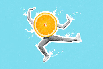 Composite collage picture of big slice orange fruit human legs arms black white colors jump fight...