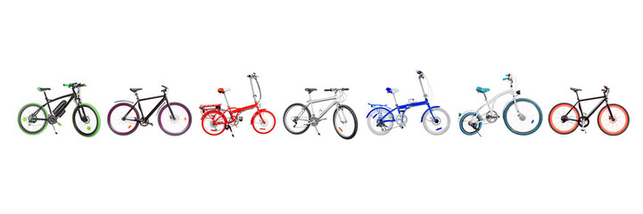 Obraz na płótnie Canvas Different bikes collection. Set of electric, urban, cruiser, MTB and folding bikes placed in single line. isolated png with transparency