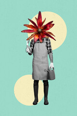 Vertical photo collage of creative absurd headless man gardener blooming flower hold scissors...