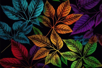 Fototapeta premium a colorful leaf pattern on a black background with a rainbow hued background and a black background with a black border.