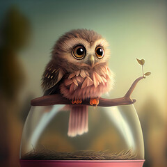 Generative AI: Cute owl animal in the forest illustration