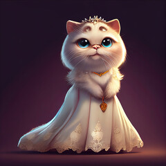 Generative AI: cute fantasy cat with withe dress