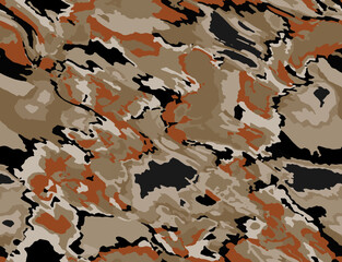 Full seamless watercolor camouflage texture print pattern. Usable for Jacket Pants Shirt and Shorts. Army textile fabric. Unique tie dye military camo. Vector illustration.