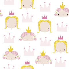 Seamless pattern with cute little princesses and pink crowns. Fairy childish print. Vector hand drawn illustration.