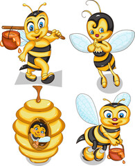 cartoon cute honey bee set with different pose vector illustration