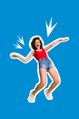 Fototapeta premium Vertical collage picture of positive nice girl enjoy dancing chilling isolated on blue background