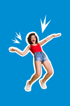 Vertical collage picture of positive nice girl enjoy dancing chilling isolated on blue background