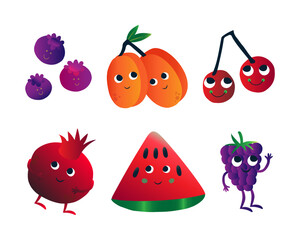 Cute Humanized Fruit with Smiling Face Vector Set